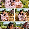 child, baby, farm, barn, hay_bales, outdoor, smiling, happy, siblings, family, pink_clothing, headband, grass, sunny, rural, cute, cartoon_border, collage, portrait, animal