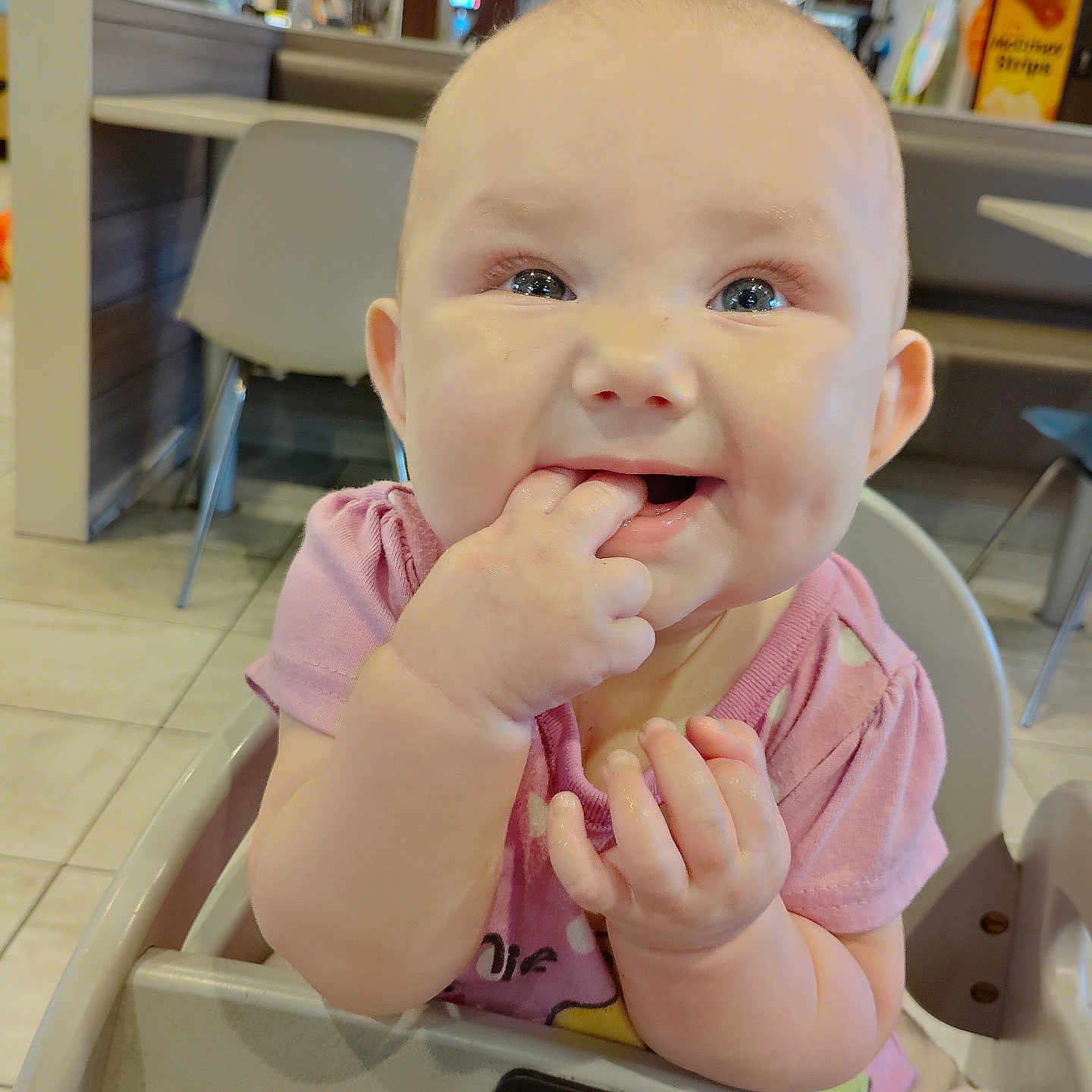 Nevaeh is registered to the contest to win money with this photo: baby, bodypart, chair, computerhardware, crib, eating, electronics, face, finger, food, furniture, hand, hardware, head, indoors, infantbed, monitor, person, screen, wood