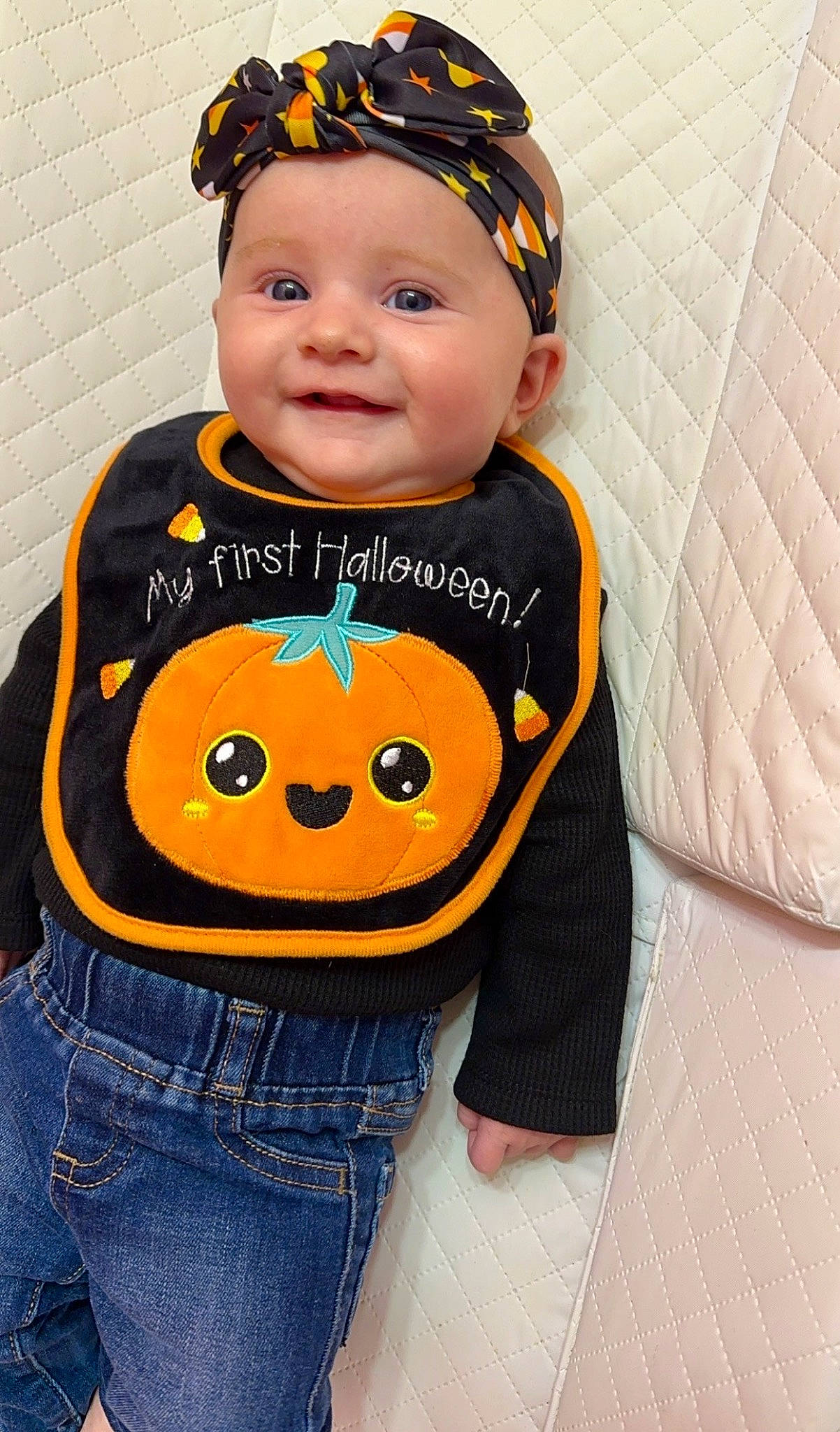 Ashlynn is registered to the contest to win money with this photo: baby, baby_toddler_clothing, bib, cheek, child, clothing, cool, denim, eye, face, facial_expression, happy, head, headgear, headwear, jeans, joy, orange, person, sleeve