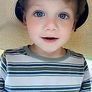 Owen joined the competition — help win amazing prizes! child, toddler, boy, face, blue_eyes, hat, sun_hat, striped_shirt, portrait, closeup, curious, innocent, casual, summer, outdoor, smile, eyelashes, young, person, cute