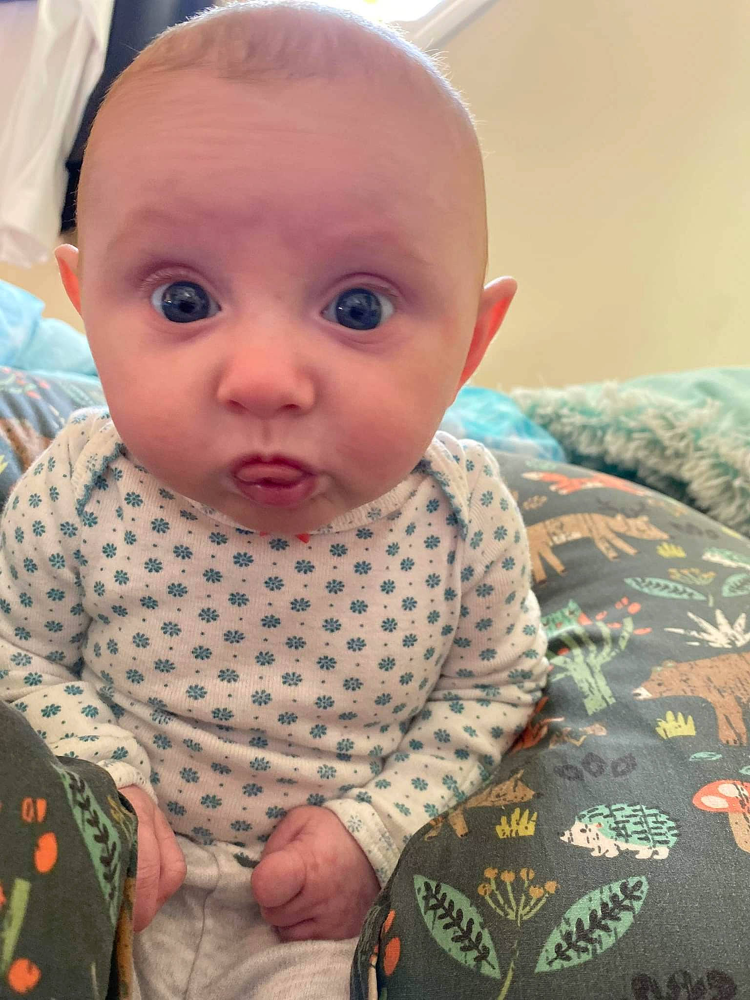 Liliana is registered to the contest to win money with this photo: baby, baby_toddler_clothing, cheek, child, chin, collar, comfort, eye, eyelash, happy, head, iris, lip, nose, pattern, person, sitting, skin, sleeve, surprise