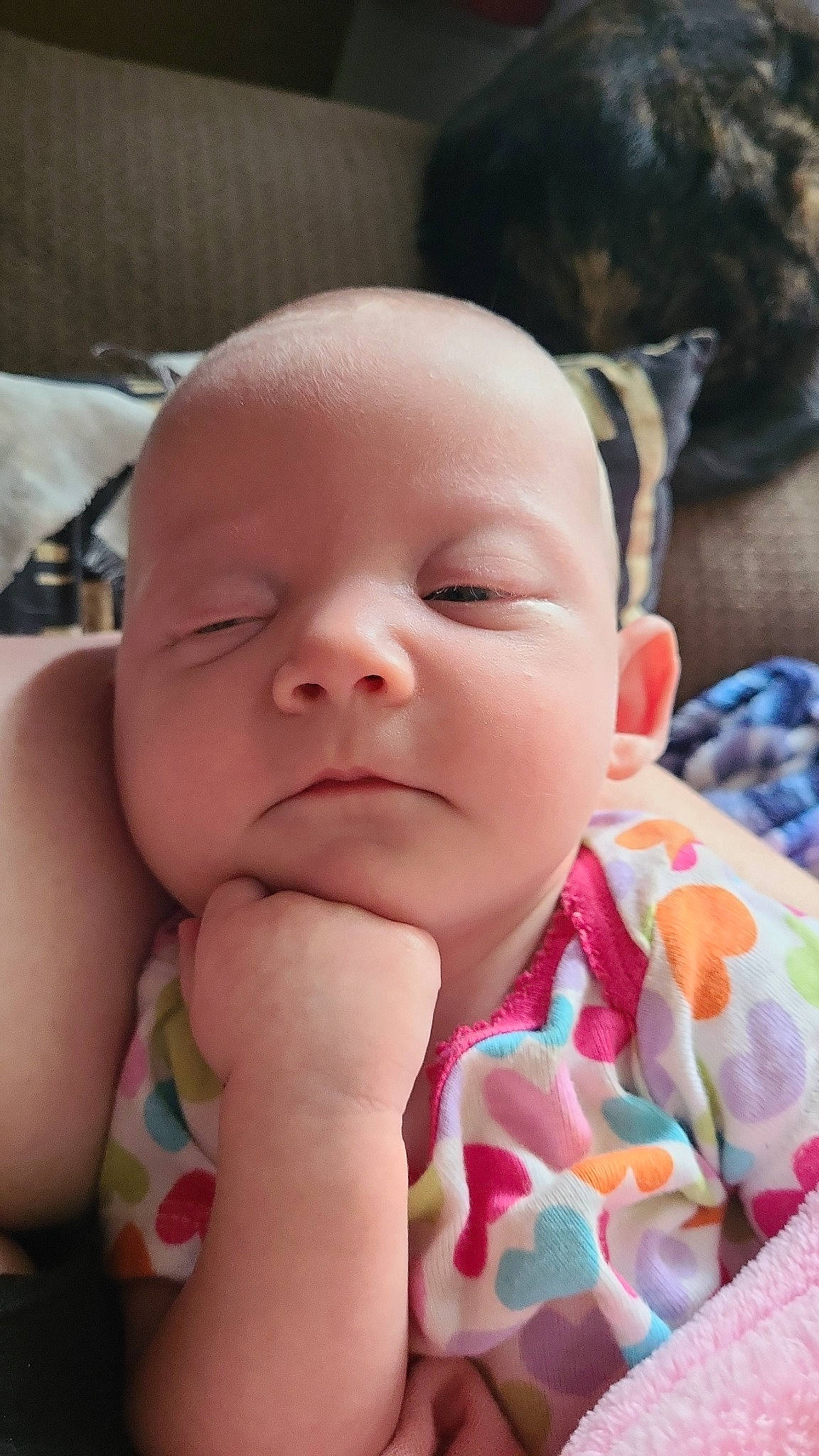 Harper joined the competition — help win amazing prizes! baby, baby_toddler_clothing, cheek, chin, comfort, eye, eyebrow, eyelash, face, facial_expression, gesture, happy, head, iris, lip, mammal, mouth, nose, person, pink