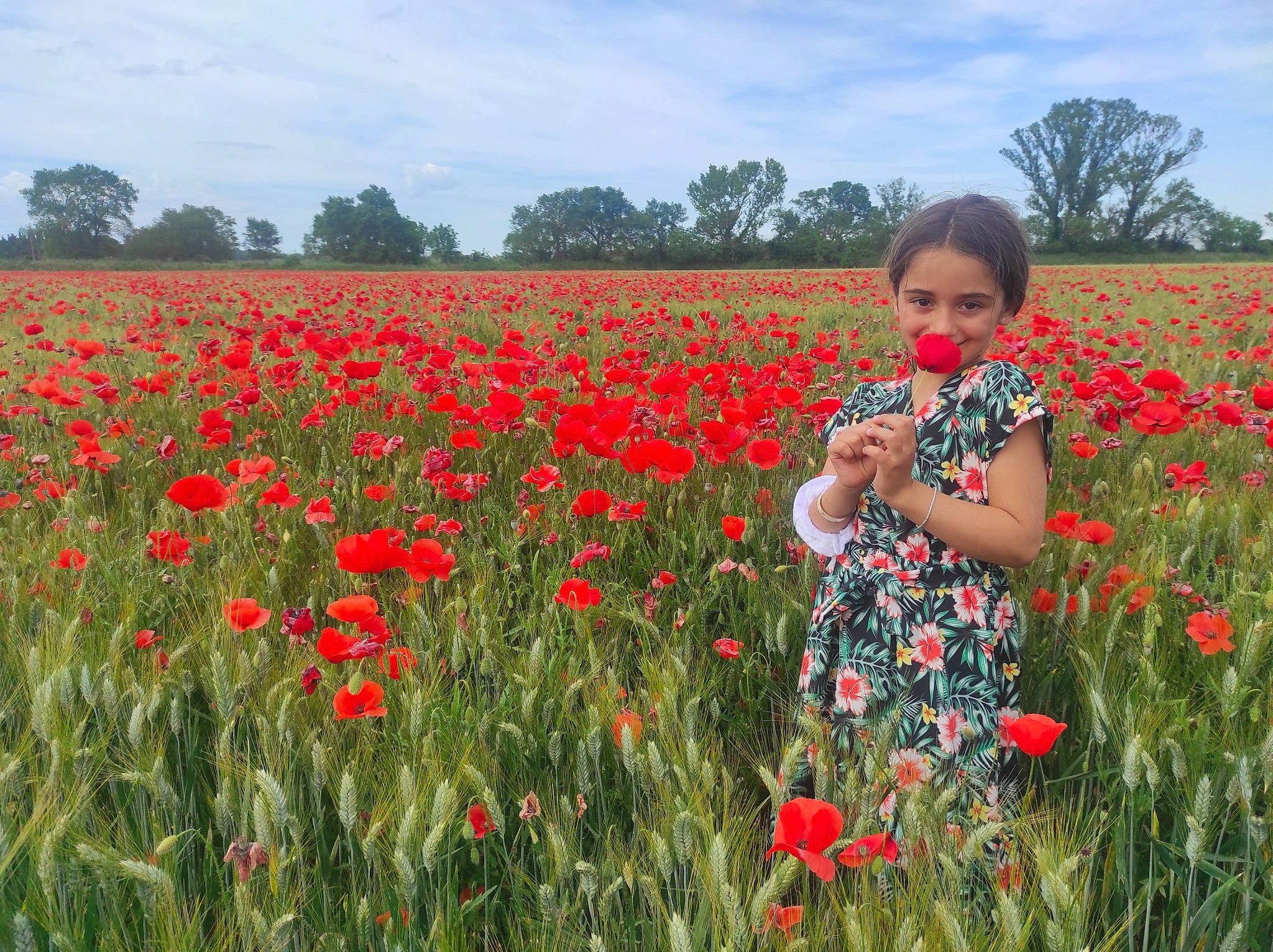Aëlyn participe au concours pour gagner de l'argent avec cette photo : agriculture, cloud, flower, grass, grass_family, grassland, green, happy, joy, landscape, meadow, natural_landscape, people_in_nature, person, petal, plain, plant, red, rural_area, sky