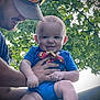 baby, child, smile, superman, onesie, adult, man, cap, sunglasses, hand, outdoor, greenery, tree, nature, happy, person, holding, skin, face, portrait