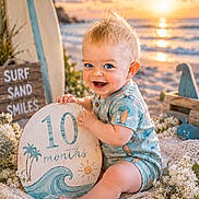 Vayda is registered to the contest to win money with this photo: baby, infant, child, beach, sunset, surfboard, sign, smiling, blue_eyes, blonde_hair, knitted_blanket, sand, flowers, ocean, waves, sun, cute, outdoor, portrait, summer