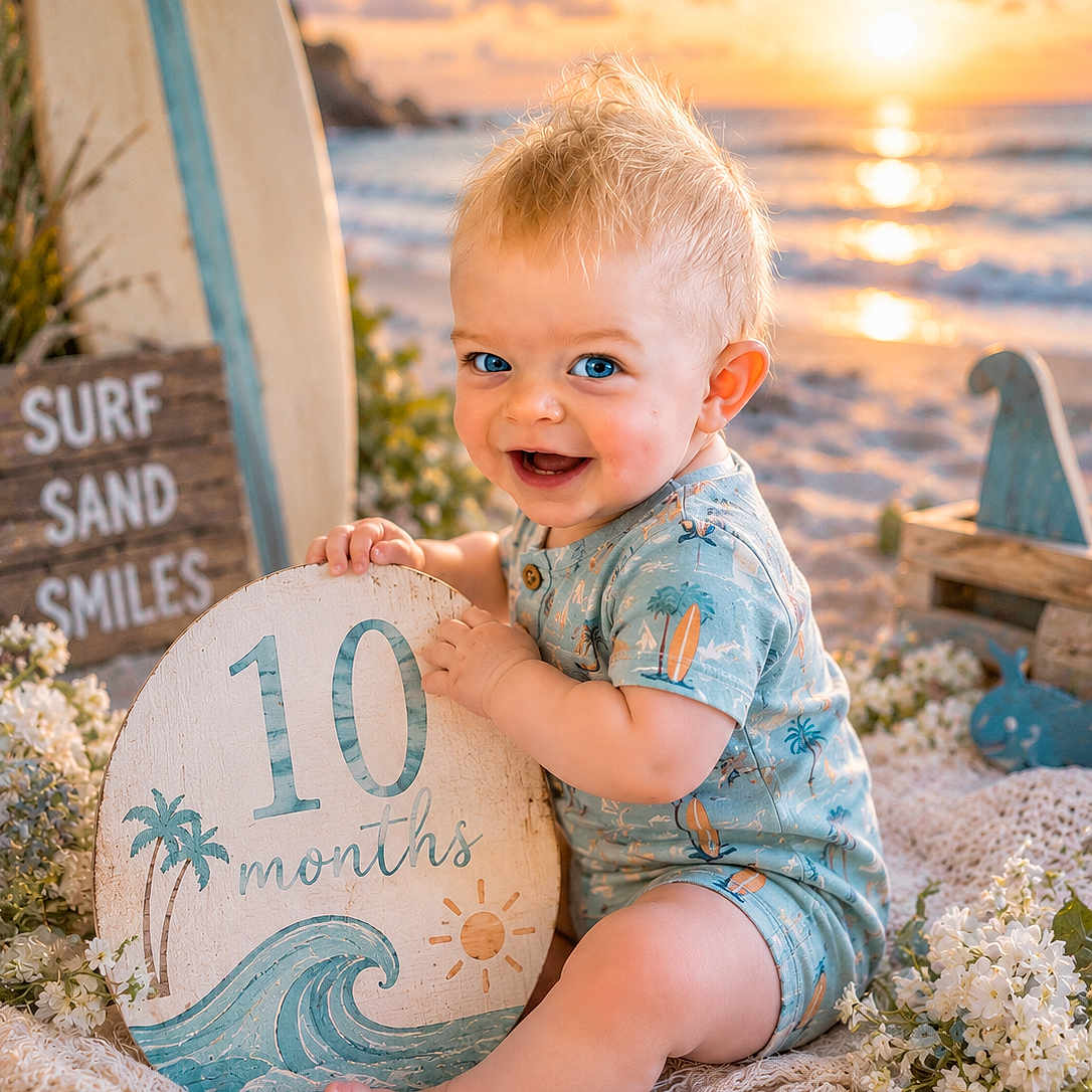 Vayda is registered to the contest to win money with this photo: baby, infant, child, beach, sunset, surfboard, sign, smiling, blue_eyes, blonde_hair, knitted_blanket, sand, flowers, ocean, waves, sun, cute, outdoor, portrait, summer