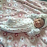 Delilah joined the competition — help win amazing prizes! baby, infant, smile, onesie, hat, bunny_ears, blanket, floral_pattern, pink, cute, lying_down, newborn, sleepwear, soft_texture, happy, child, face, cozy, adorable, indoor