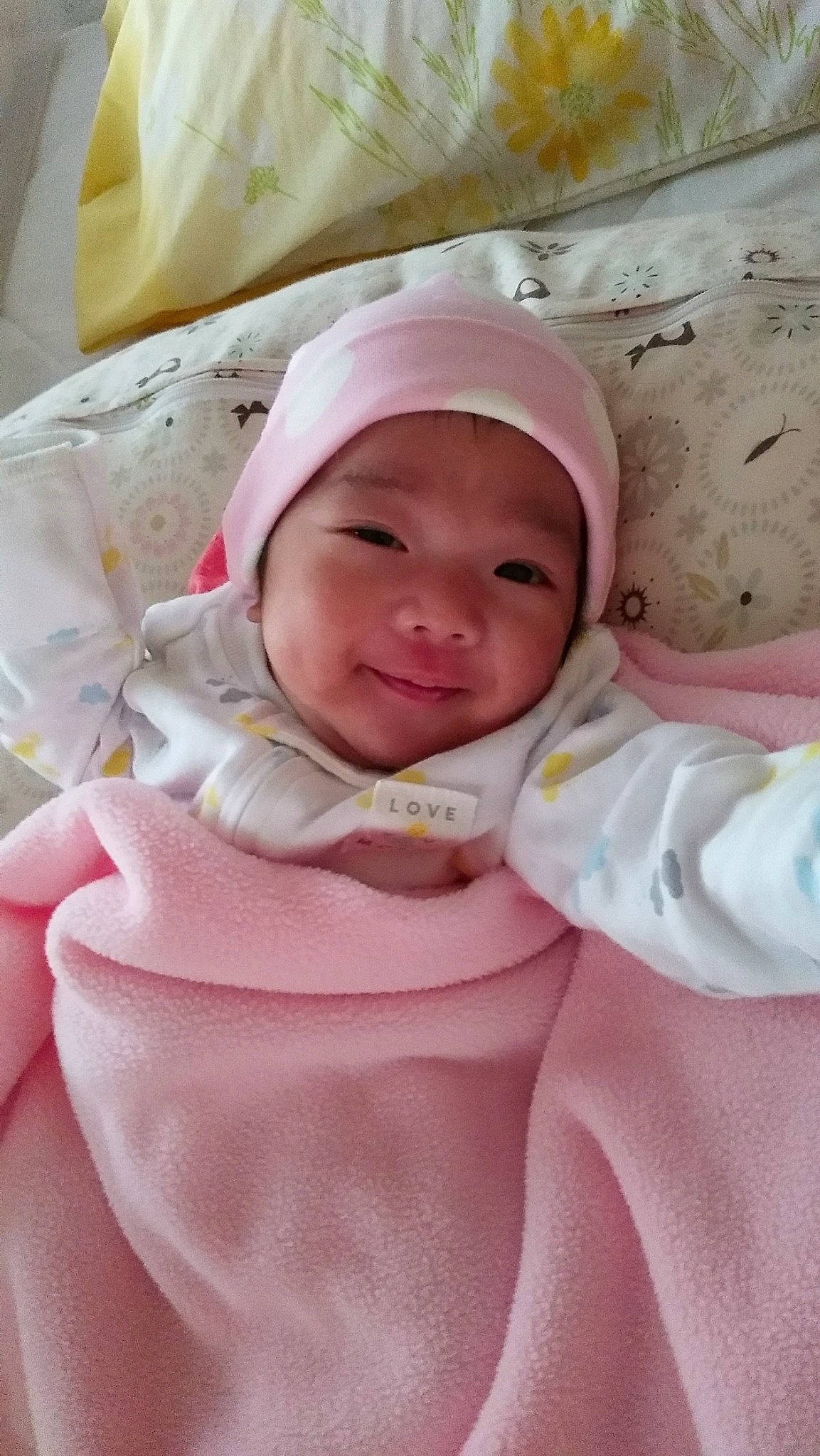 Aya joined the competition — help win amazing prizes! baby, child, headwear, linens, person, pink, skin, toddler