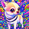animal, cartoon, chihuahua, collar, colorful, cute, dog, fantasy, flowers, hearts, illustration, moon, mushrooms, nature, night, psychedelic, rainbow, stars, vibrant, whimsical