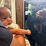 baby, infant, child, arm, legs, hand, tattoo, aquarium, fish, fish_tank, glass, reflection, curiosity, holding, parent, closeup, portrait, indoor, exhibit, gazing