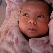 Dianna joined the competition — help win amazing prizes! baby, infant, newborn, blanket, pink_blanket, swaddle, portrait, face, cheeks, eyes, looking_up, cozy, soft_texture, bed, bedding, sleeping_area, close_up, head, expression, blanket_pattern