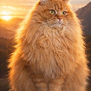Shooter a rejoint le concours — aidez-le/la à gagner de superbes lots ! cat, orange_cat, fluffy, long_hair, sunset, outdoor, rock, animal, nature, mountain, portrait, feline, whiskers, fur, yellow_eyes, sunlight, majestic, serene, sitting, closeup