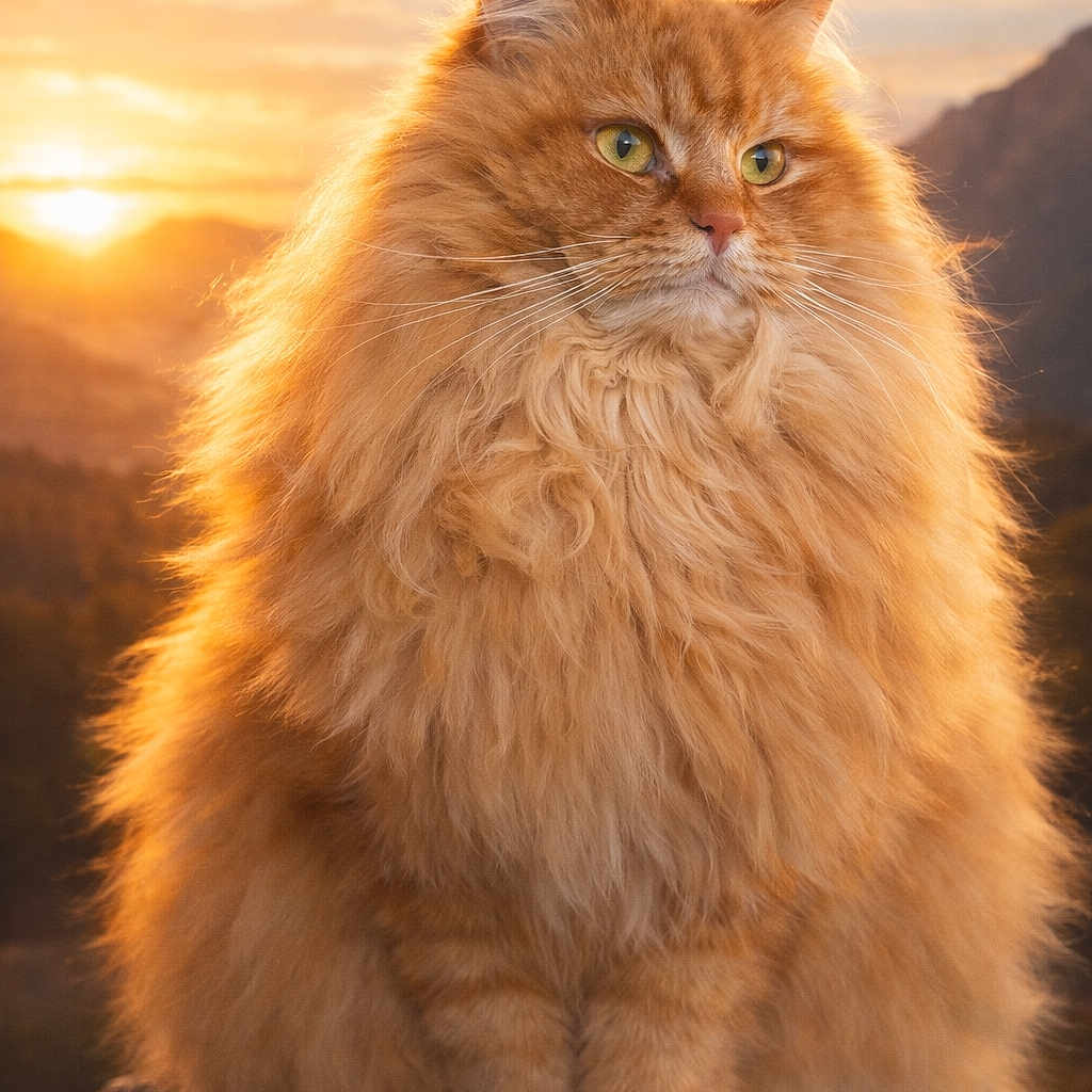 Shooter a rejoint le concours — aidez-le/la à gagner de superbes lots ! cat, orange_cat, fluffy, long_hair, sunset, outdoor, rock, animal, nature, mountain, portrait, feline, whiskers, fur, yellow_eyes, sunlight, majestic, serene, sitting, closeup