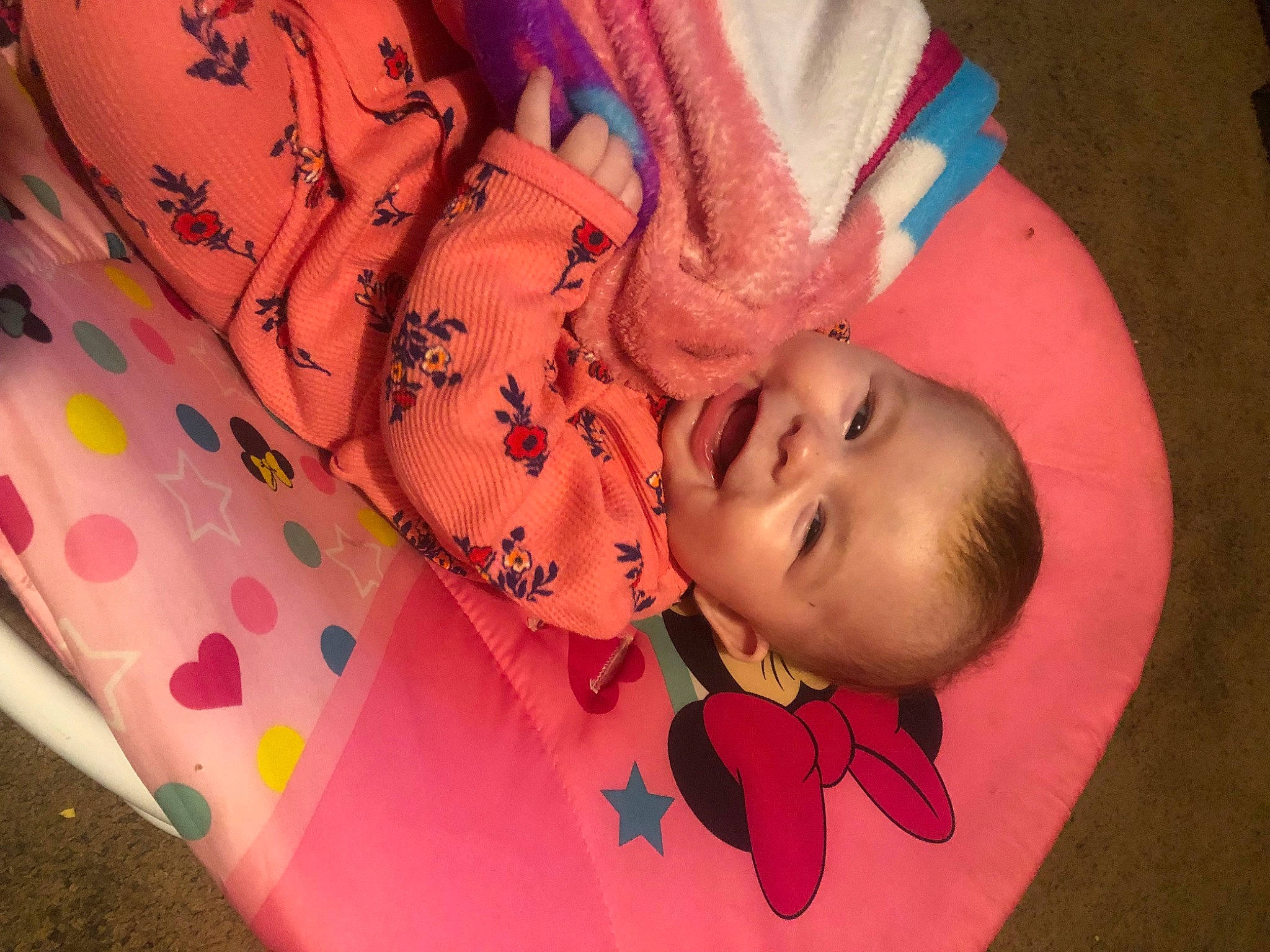 Alexandria is registered to the contest to win money with this photo: baby, baby_products, baby_toddler_clothing, cheek, child, close_up, fashion_accessory, finger, fun, happy, lip, magenta, nose, orange, pattern, peach, person, pink, skin, smile