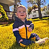 baby, child, outdoor, grass, sunlight, skeleton, costume, house, tree, smile, jacket, pants, sock, daytime, nature, happy, playing, yard, decoration, sunny
