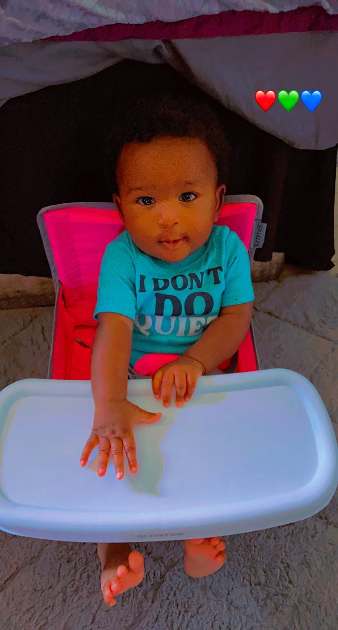 Tahir joined the competition — help win amazing prizes! baby, baby_products, baby_toddler_clothing, chair, cheek, child, comfort, fun, head, mouth, people, person, pink, sitting, skin, sleeve, smile, t_shirt, table, toddler