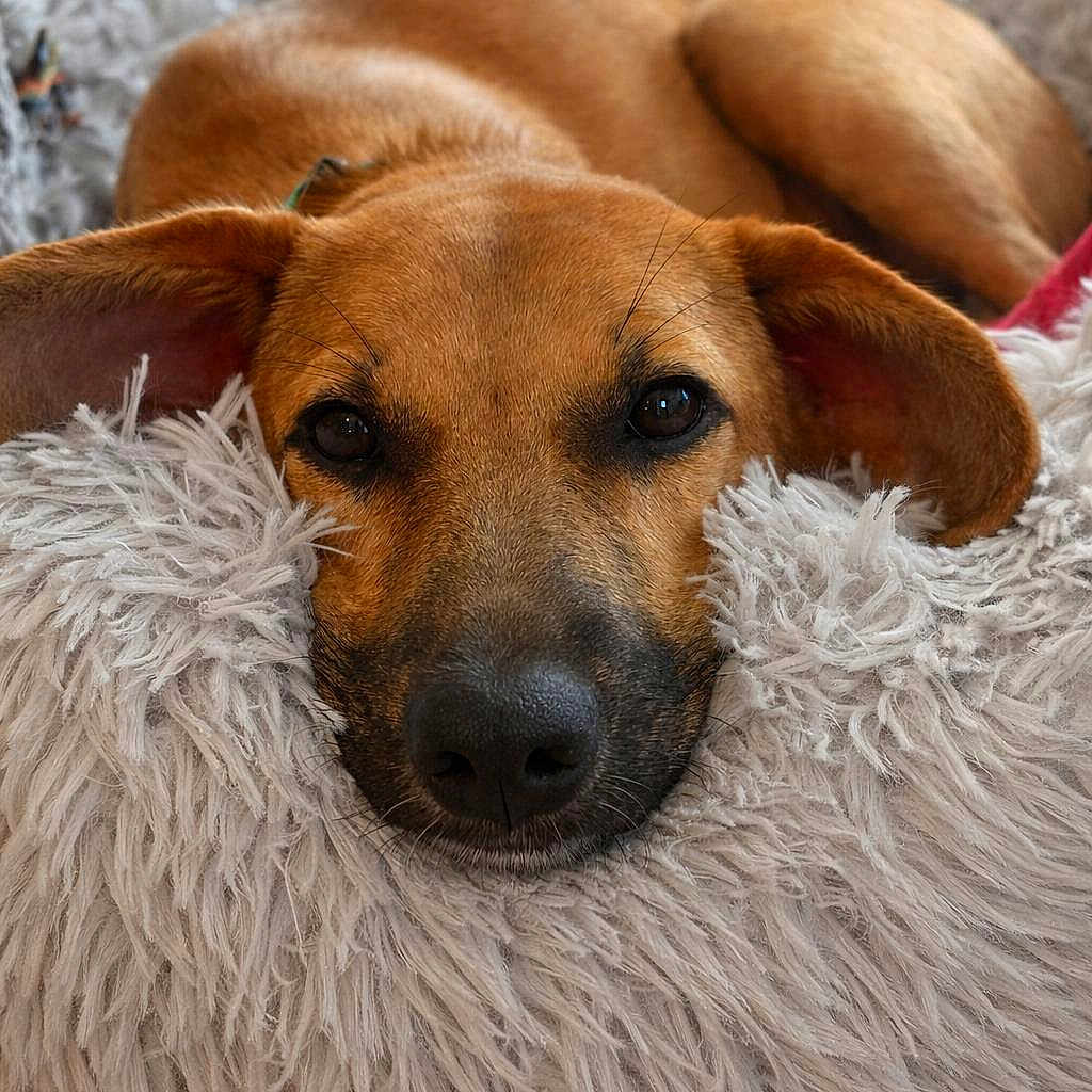 Maddy participe au concours pour gagner de l'argent avec cette photo : dog, pet, animal, brown_dog, fluffy_bed, resting, relaxed, ears, close_up, indoor, cozy, fur, snout, sleepy, cute, portrait, home, comfort, canine, bed