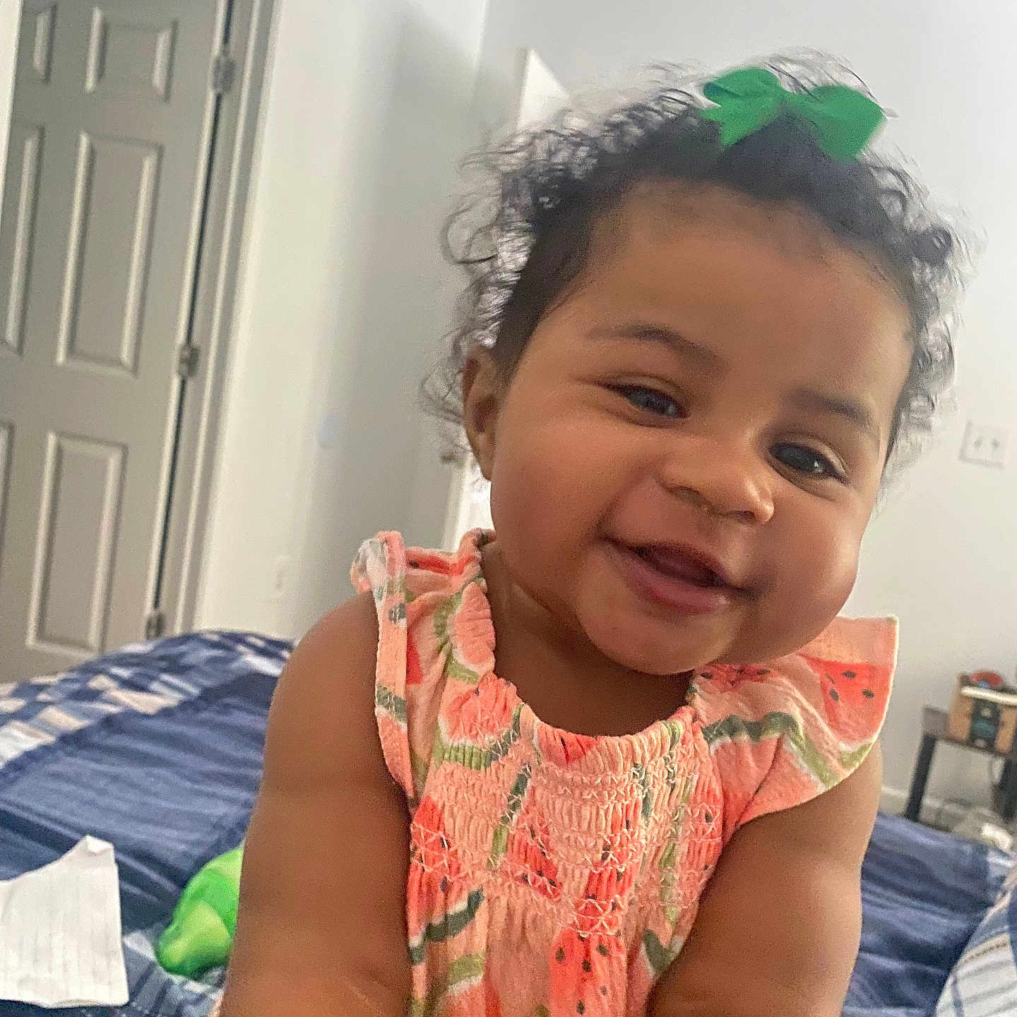 Liana joined the competition — help win amazing prizes! baby, babylaughing, bed, bedroom, clothing, face, furniture, hair, happy, head, indoors, laughing, person, photography, portrait, room, scarf, smile