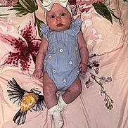 Delilah is registered to the contest to win money with this photo: baby, infant, headband, bow, romper, socks, blanket, floral_pattern, bird_print, lying_down, cute, blue_stripes, daisies, curious_expression, indoors, soft_lighting, child, adorable, portrait, clothing