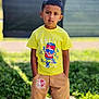 boy, casual_clothing, child, daytime, graphic_tee, grass, greenery, hands_in_pockets, kid, nature, outdoor, portrait, serious_expression, shorts, spiderman_patch, standing, summer, sunlight, yellow_tshirt, young