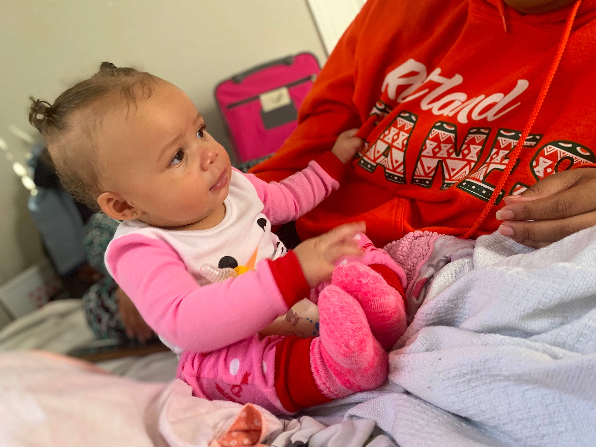Danarah is registered to the contest to win money with this photo: baby, baby_toddler_clothing, cheek, child, daughter, outerwear, pajamas, person, pink, play, sibling, sleeve, toddler