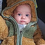 baby, child, infant, onesie, hooded, fuzzy, cute, face, eyes, zipped, clothing, warm, soft, animal_ears, car_seat, portrait, young, adorable, cozy, expression