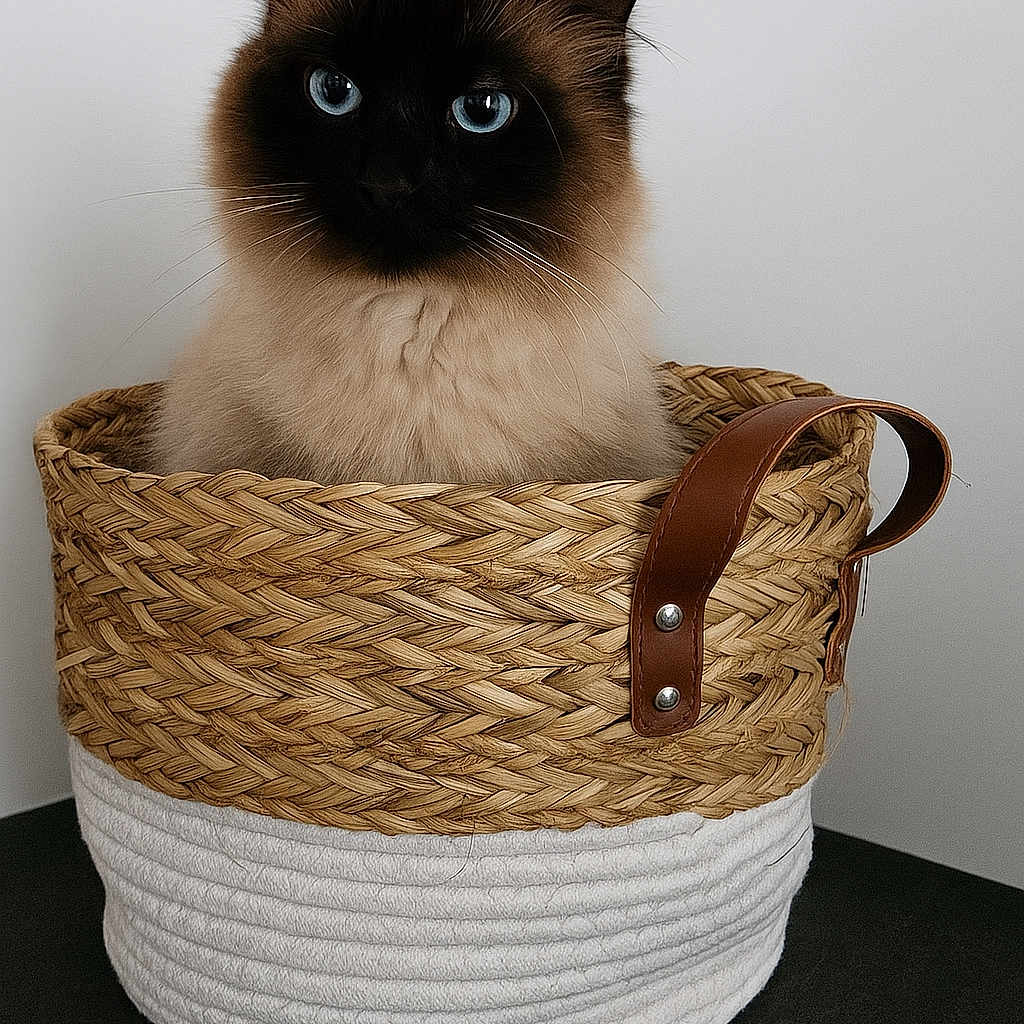 Spoutnik a rejoint le concours — aidez-le/la à gagner de superbes lots ! animal, background, basket, blue_eyes, cat, close_up, curious, cute, domestic_animal, feline, fluffy_fur, indoor, isolated, leather_handle, pet, portrait, sitting, soft_fur, whiskers, woven_basket