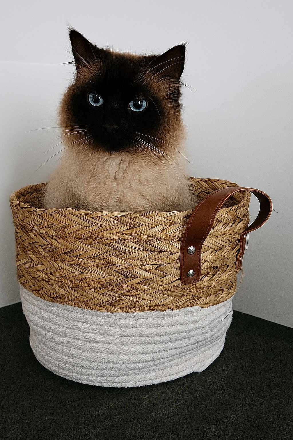 Spoutnik a rejoint le concours — aidez-le/la à gagner de superbes lots ! cat, blue_eyes, fluffy_fur, basket, woven_basket, leather_handle, indoor, pet, animal, curious, portrait, feline, sitting, close_up, domestic_animal, whiskers, soft_fur, cute, isolated, background