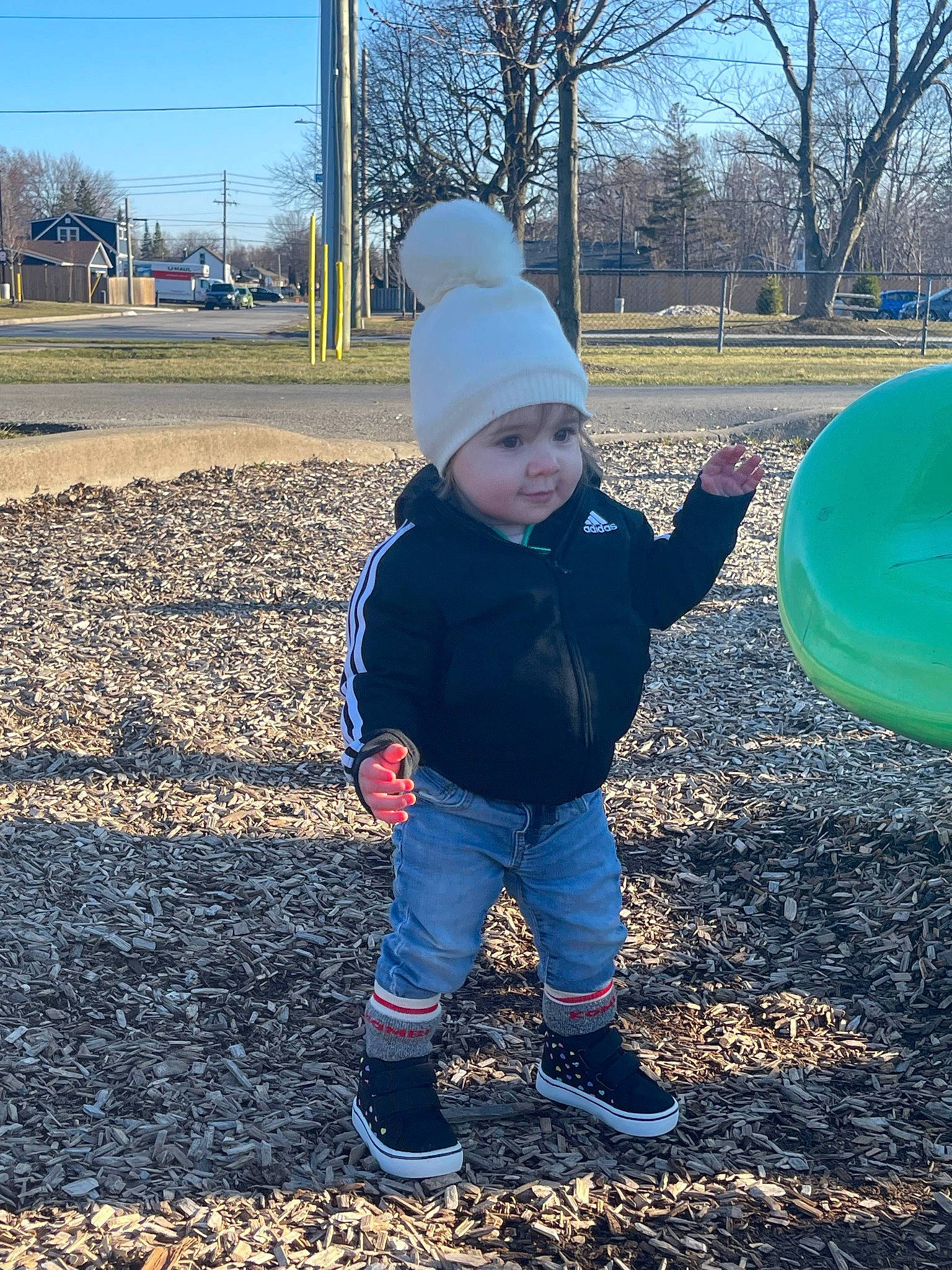 Lyra is registered to the contest to win money with this photo: baby, baby_toddler_clothing, cap, electric_blue, fun, grass, happy, headwear, landscape, leaf, leisure, people_in_nature, person, plant, recreation, sky, soil, tints_and_shades, toddler, tree
