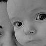 adult, baby, black_and_white, cheek, close_up, emotion, expression, eyebrow, eyelashes, eyes, face, family, human, intimacy, love, nose, person, portrait, skin, tenderness