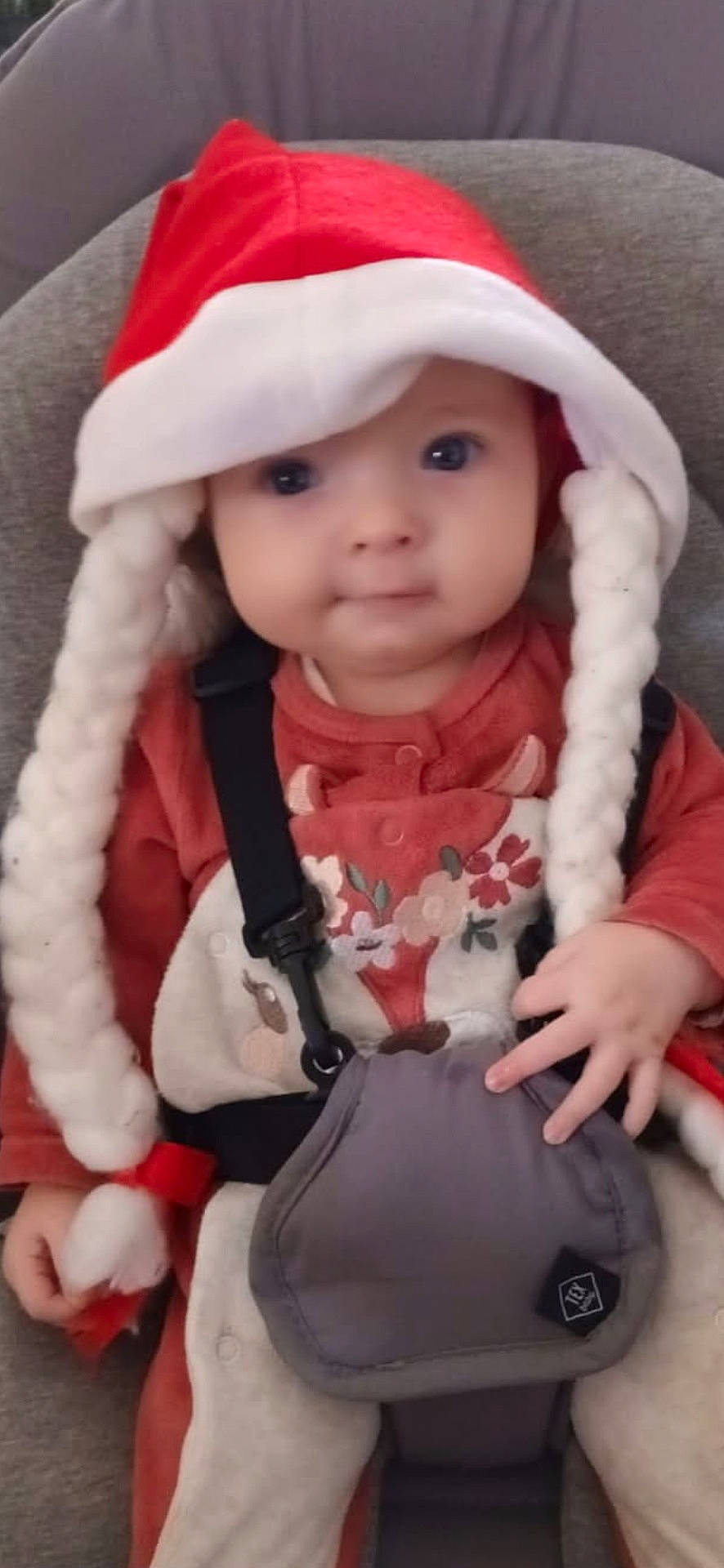 baby, braided_hat, car_seat, child, childrens_wear, clothing, cute, expression, face, festive_clothing, hands, holiday, indoor, infant, portrait, red_hat, safety_harness, seat, smiling, young_child