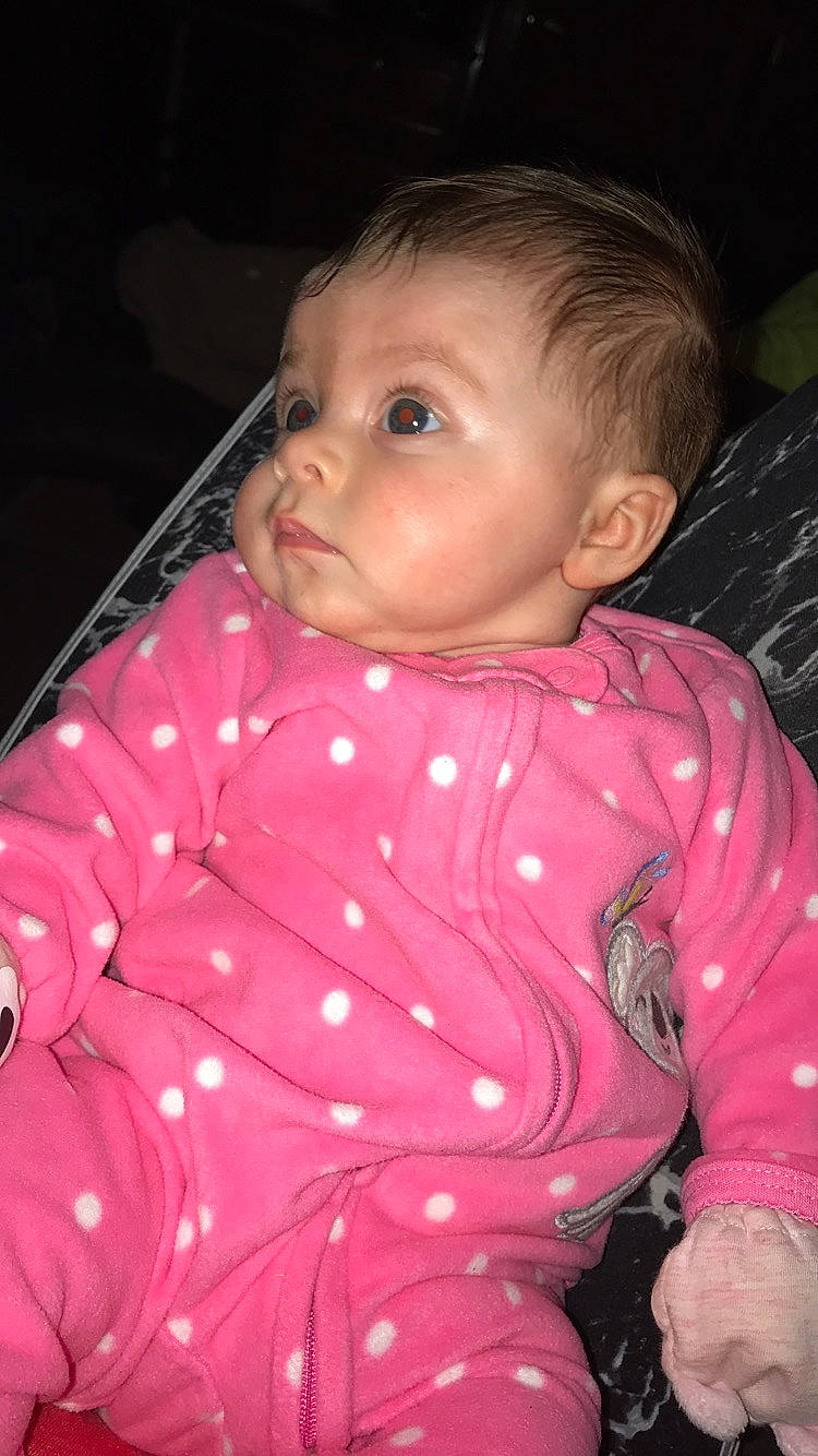 Emarie is registered to the contest to win money with this photo: baby, cheek, child, ear, eye, face, forehead, head, iris, lip, mouth, nose, outerwear, person, pink, skin, smile, toddler