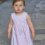 Mylia participe au concours pour gagner de l'argent avec cette photo : blue_eyes, casual_clothing, child, curious, daylight, nature, old_wall, outdoor, person, pink_dress, polka_dot, portrait, potted_plants, sidewalk, stone_path, sunlight, toddler, walking, white_sneakers, young_child