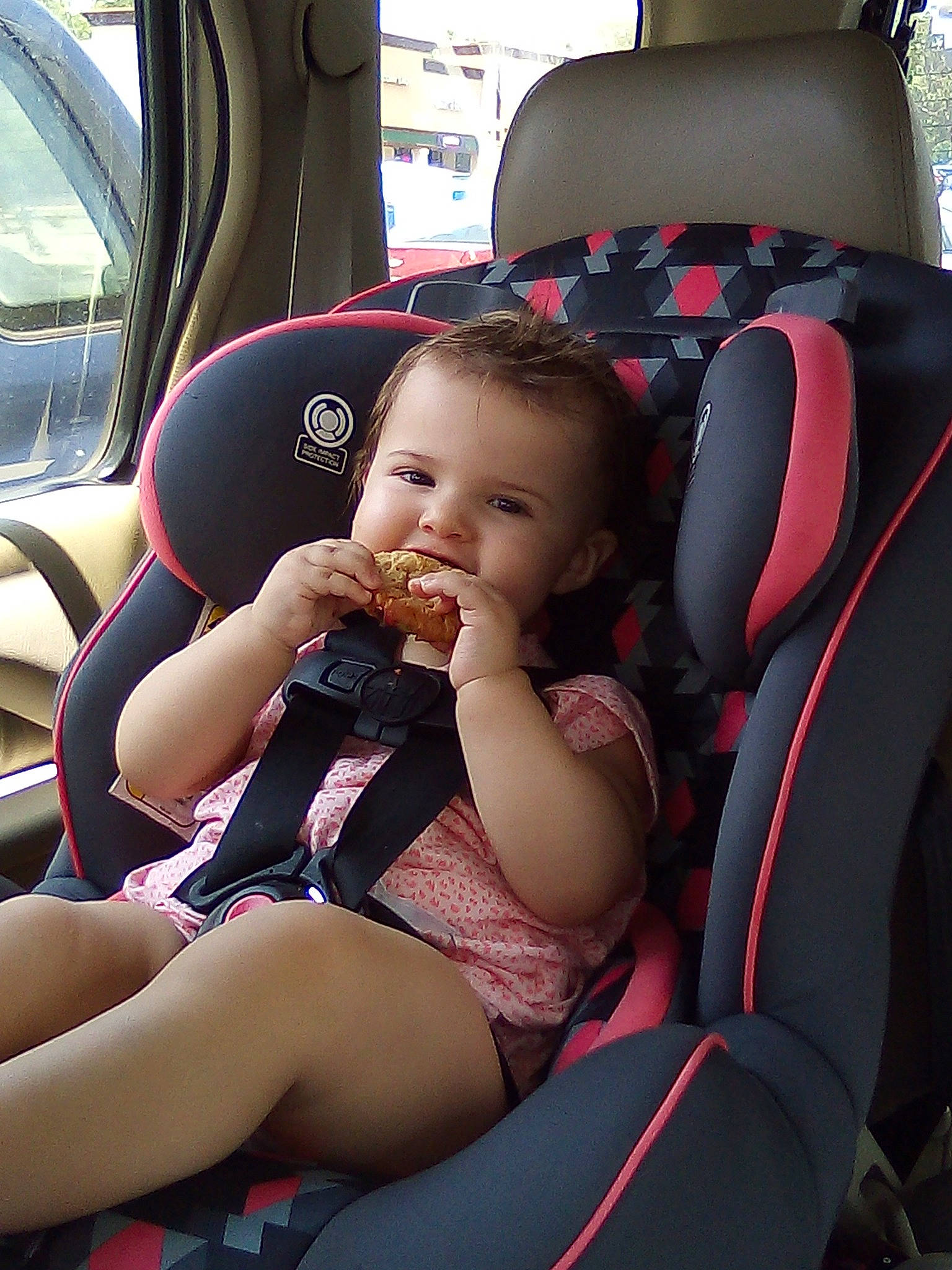 Adilyn joined the competition — help win amazing prizes! auto_part, baby_in_car_seat, car, car_seat, car_seat_cover, child, family_car, joy, person, seat_belt, sitting, steering_wheel, toddler, vacation, vehicle