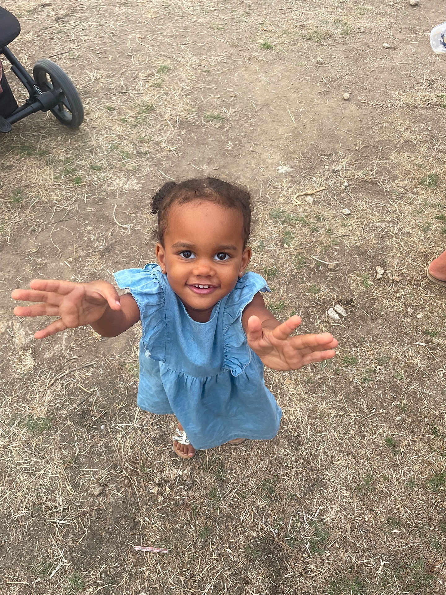 Seyana participe au concours pour gagner de l'argent avec cette photo : child, toddler, blue_dress, smiling, outdoor, grass, dirt, barefoot, happy, person, summer, playful, reaching, stroller_wheel, nature, young_child, cute, portrait, daylight, casual