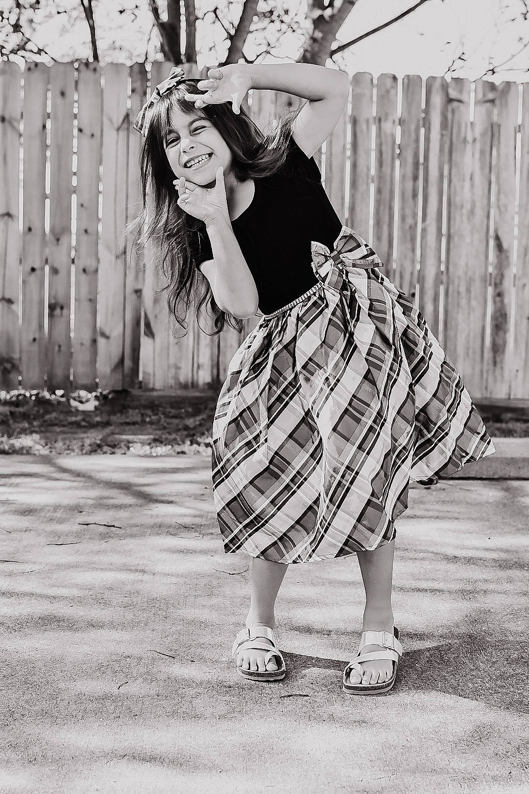 Arielle joined the competition — help win amazing prizes! clothing, dress, face, fence, flash_photography, footwear, hair, happy, joy, leg, people_in_nature, person, photograph, plant, shoe, smile, street_fashion, sunglasses, tartan, tree