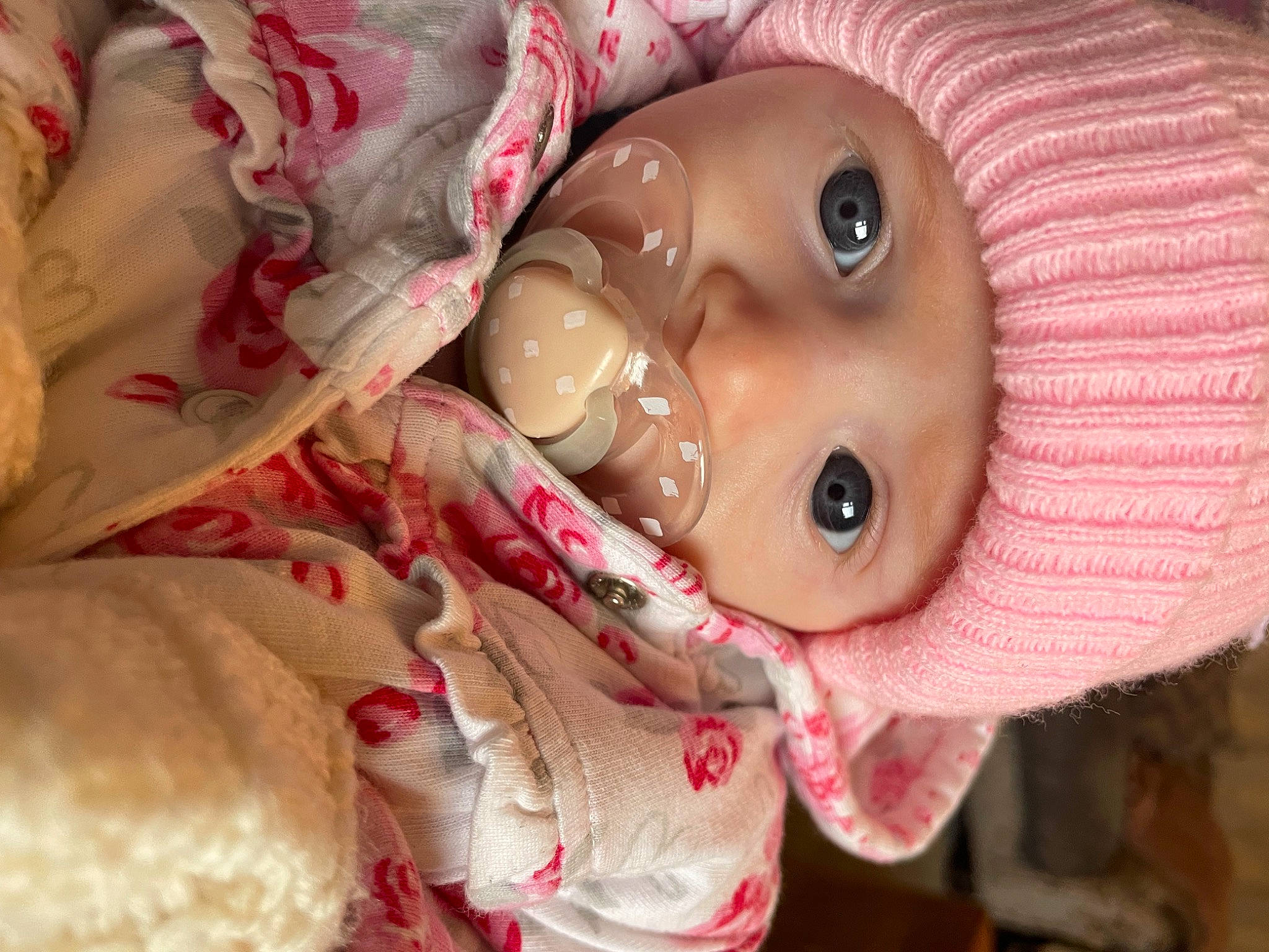 Dottie is registered to the contest to win money with this photo: art, cheek, child, close_up, doll, eyebrow, eyelash, face, fawn, head, headwear, human_body, iris, lip, mouth, nose, peach, person, pink, skin