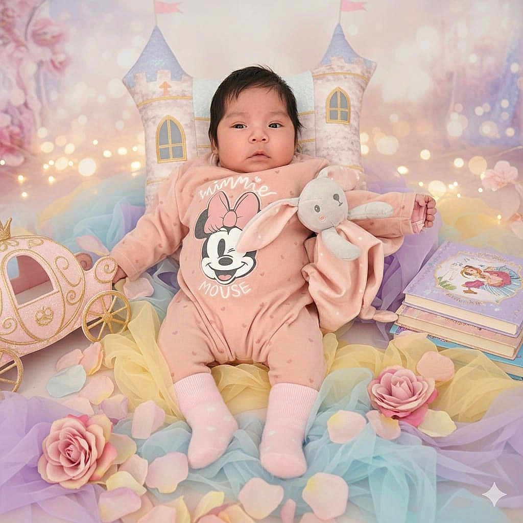 Kendra Charlotte participe au concours pour gagner de l'argent avec cette photo : baby, child, pink_clothing, minnie_mouse, plush_toy, bunny, castle_pillow, books, flower_petals, pastel_colors, tulle, soft_lighting, indoor, portrait, cute, newborn, decor, storybook, socks, relaxed