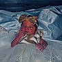 Angel is registered to the contest to win money with this photo: baby, infant, dress, bow, headband, white_gown, embroidery, fabric, silk, portrait, newborn, cute, hands, face, expression, indoor, soft_lighting, child, laying_down, curious