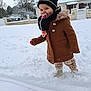 Lisa participe au concours pour gagner de l'argent avec cette photo : toddler, child, snow, winter_clothing, coat, hat, pacifier, outdoor, snowy, footprints, trees, house, fence, boots, scarf, cold_weather, playful, cute, winter, daytime