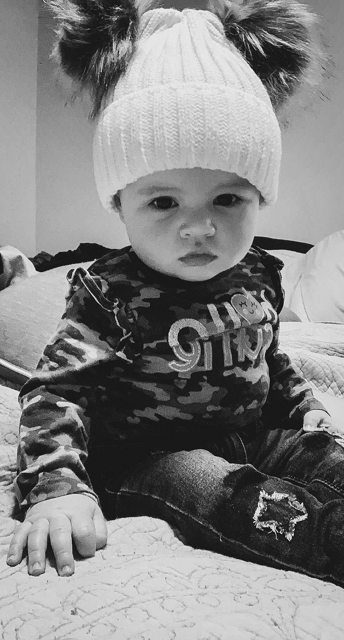Kimber is registered to the contest to win money with this photo: baby, baby_toddler_clothing, black, black_and_white, cap, child, cool, flash_photography, hairstyle, happy, headgear, headwear, monochrome, monochrome_photography, people, person, photograph, skin, sleeve, style