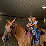 horse, unicorn_horn, children, indoor, riding, saddle, brown_horse, child, boy, girl, western_saddle, jeans, vest, boots, sand, stable, animal, pet, leather, playful