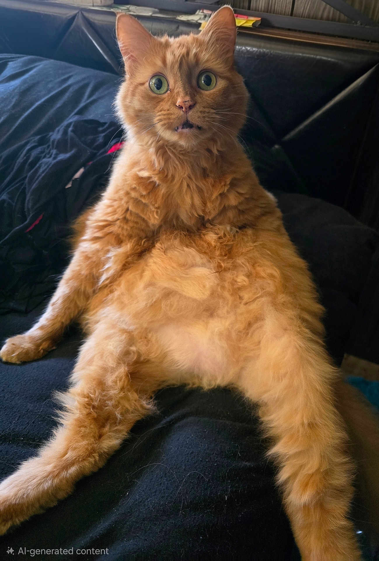 Milo is registered to the contest to win money with this photo: cat, orange_cat, fluffy_fur, sitting, wide_eyes, indoor, black_background, curly_fur, pet, feline, relaxed, cute, funny_pose, animal, whiskers, ears, nose, fur_texture, closeup, domestic_animal