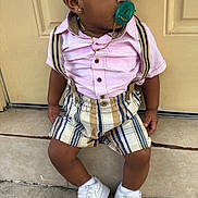 Aaron is registered to the contest to win money with this photo: toddler, child, pacifier, cap, nike, shirt, striped, suspenders, plaid, shorts, shoes, sneakers, doorstep, door, sidewalk, fashion, cute, outdoor, portrait, person