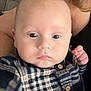 baby, infant, face, closeup, eyes, cheeks, plaid_shirt, wooden_buttons, hand, adult_arm, couch, indoor, portrait, looking_at_camera, newborn, soft_skin, bald_head, calm_expression, holding, sitting