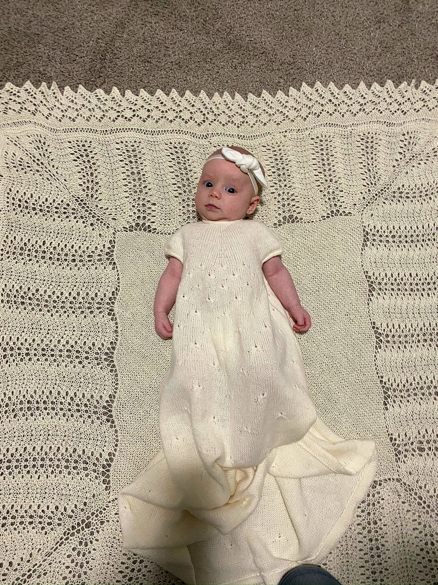 Blair is registered to the contest to win money with this photo: baby, child, dress, headwear, lace, person, textile, toddler