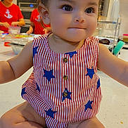 Avleen is registered to the contest to win money with this photo: toddler, child, baby, indoor, kitchen, person, clothing, red, striped, stars, shoes, sitting, face, hair, woman, background, counter, appliance, home, family