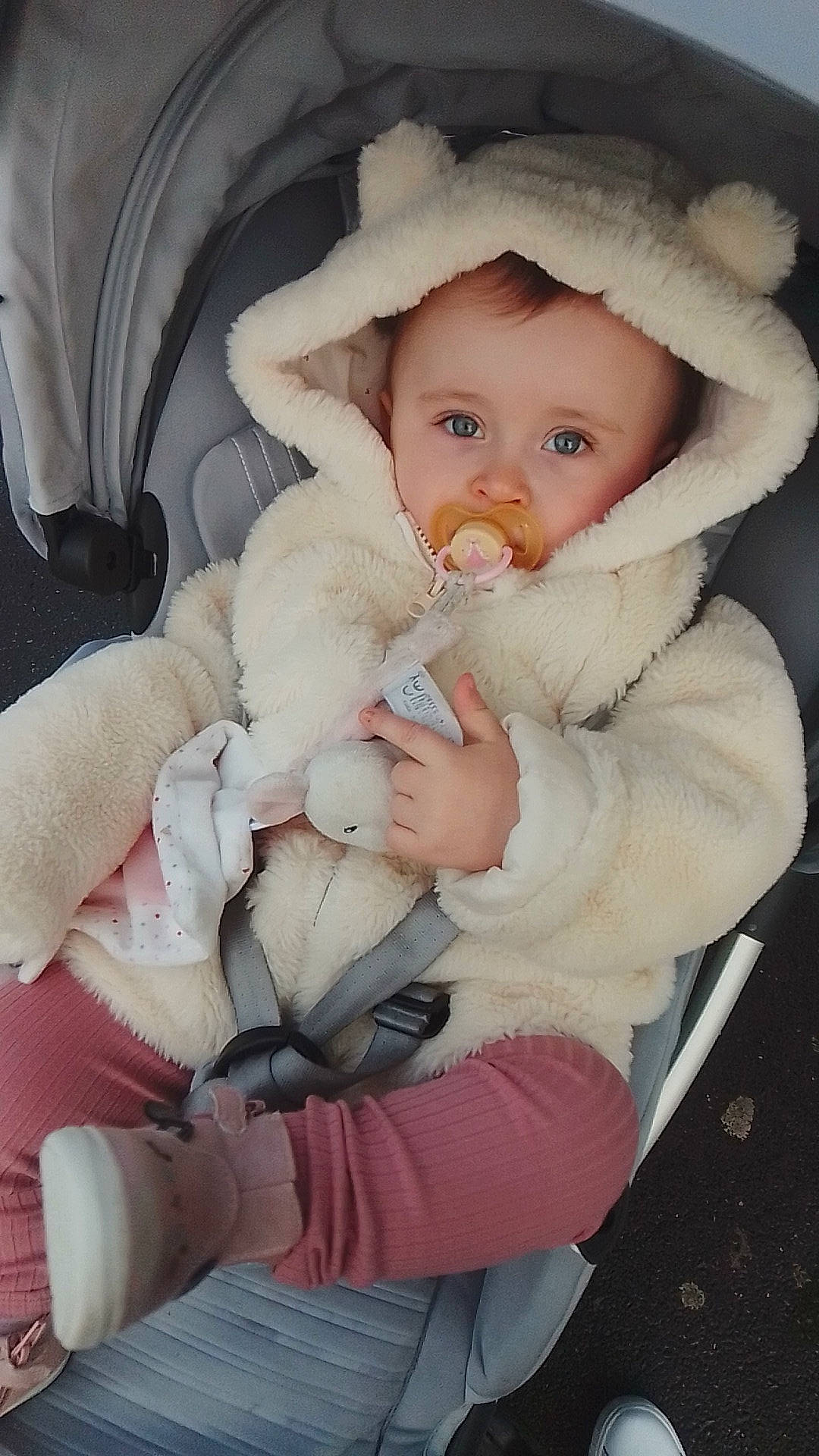 Inaya participe au concours pour gagner de l'argent avec cette photo : baby, baby_carriage, baby_products, baby_safety, baby_sleeping, baby_toddler_clothing, cheek, child, comfort, eye, face, fur, hand, lap, person, sitting, skin, sleeve, toddler, winter