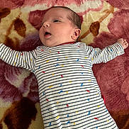 Qassim participe au concours pour gagner de l'argent avec cette photo : baby, infant, child, blanket, pattern, striped_clothing, onesie, colorful, fish_print, lying_down, curious, face, head, arm, skin, indoors, soft_texture, young_child, cute, sleepwear