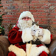 Camo is registered to the contest to win money with this photo: armchair, beard, brick_wall, cat, christmas, christmas_tree, cozy, festive, fur_trim, gift_wrap, gloves, holiday, indoor, pet, portrait, presents, red_suit, santa, sitting, white_beard